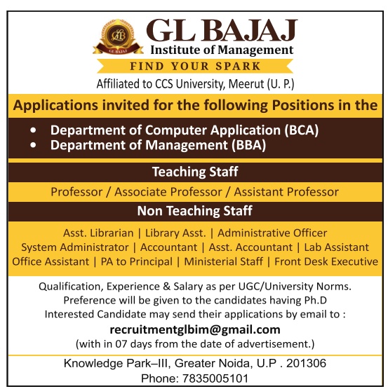 G. L. Bajaj Institute of Management, Greater Noida, Uttar Pradesh wanted  Associate Professor and Assistant Professor, Non-Teaching Jobs for the 2023-24  academic year