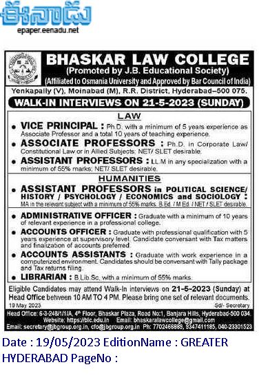 Bhaskar Law College, Hyderabad wanted Vice Principal, Associate Professor, and Assistant Professor for the 2023 academic year