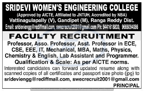 Assistant professor jobs in hyderabad engineering colleges