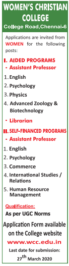Women S Christian College Chennai Wanted Assistant Professor For Aided And Sef Finance Facultyplus wcc calendar 2021