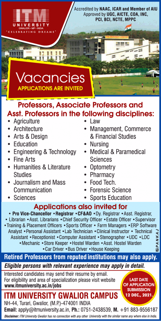 ITM University, Gwalior Teaching Jobs/NonTeaching Jobs FacultyPlus