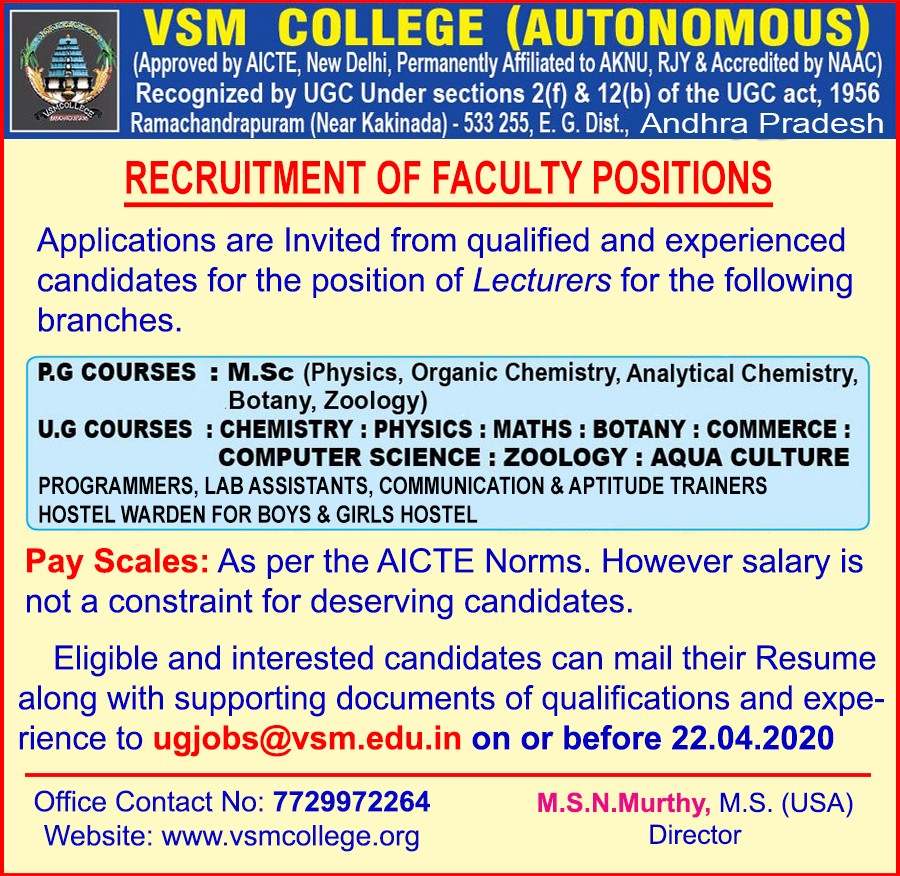 vsm college autonomous wanted lecturers for ug and pg how to send resume through email