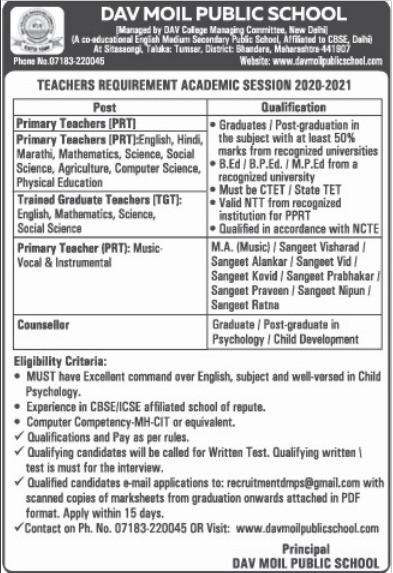 DAV Moil Public School, Bhandara Wanted PRT/TGT | FacultyPlus