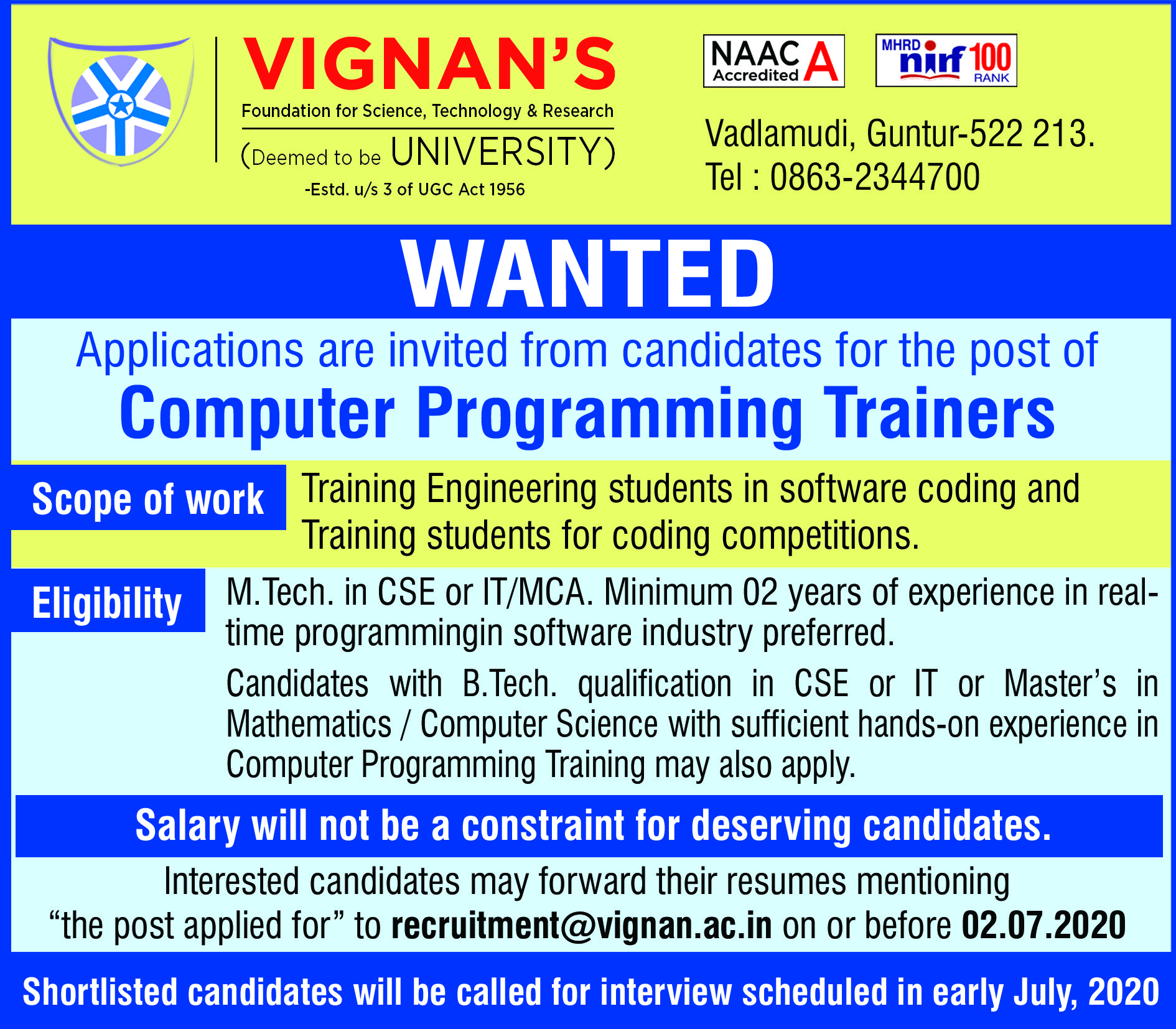Vignan Foundation For Science, Technology, and Research Wanted Computer ...