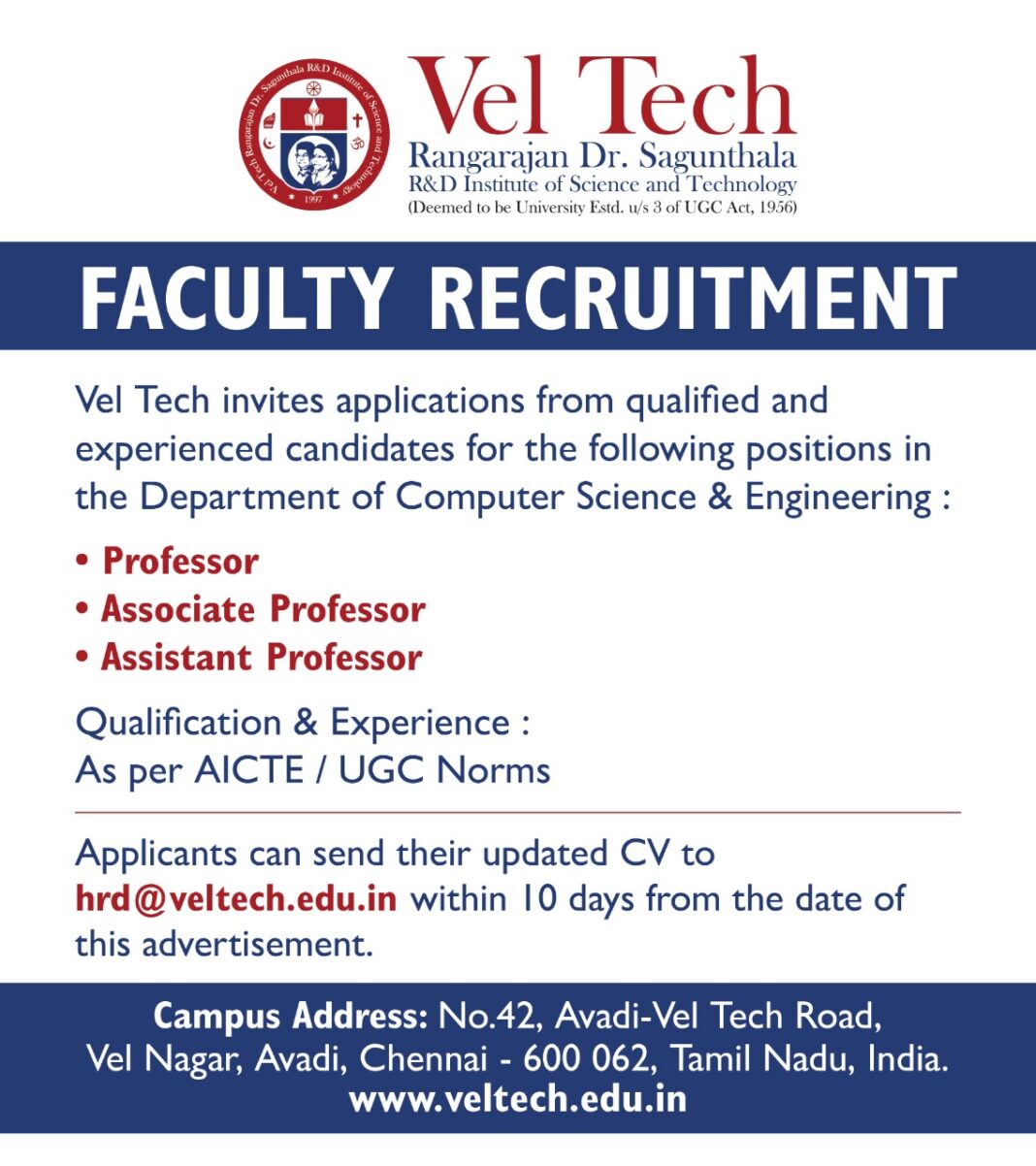 Faculty Recruitment 2020 at Vel Tech Rangarajan Dr.Sagunthala R&D