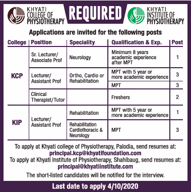Khyati Institute Of Physiotherapy Khyati College Of Physiotherapy Wanted Lecturer Associate Assistant Professor Facultyplus