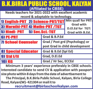 B.K Birla Public School, Kalyan Wanted TGT/PRT Teachers