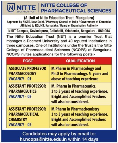 Nitte College of Pharmaceutical Science Wanted Associate & Assistant ...