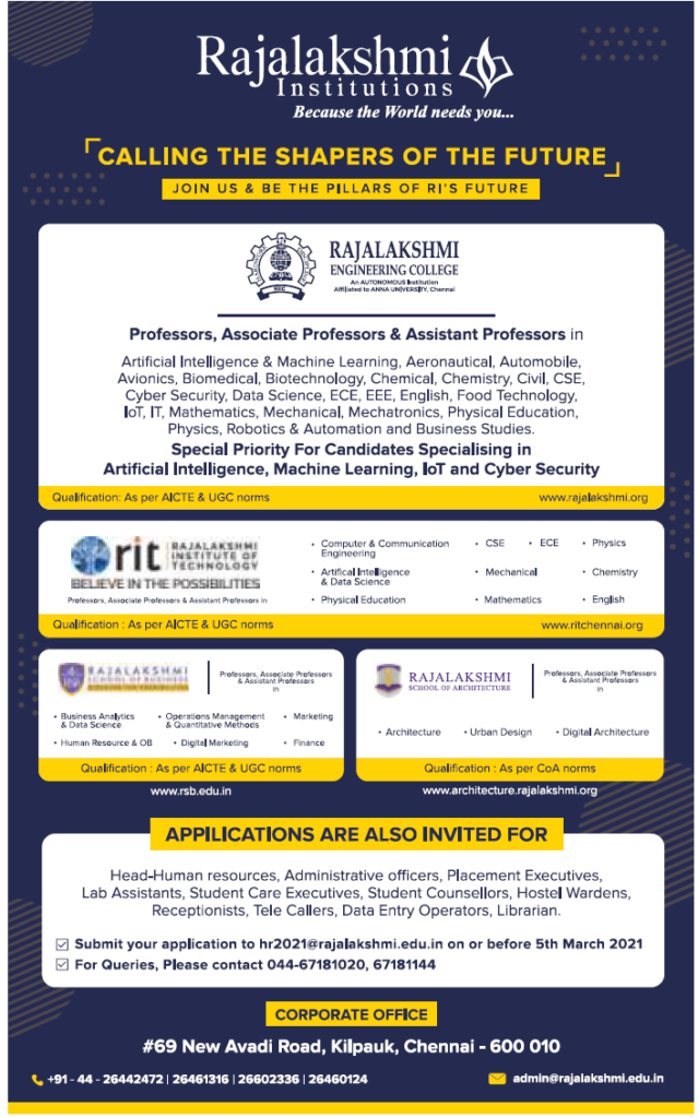 Faculty Recruitment 2021 At Rajalakshmi Institutions Chennai Facultyplus