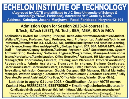 Teaching and Non- Teaching Jobs- Echelon Institute Of Technology, Faridabad