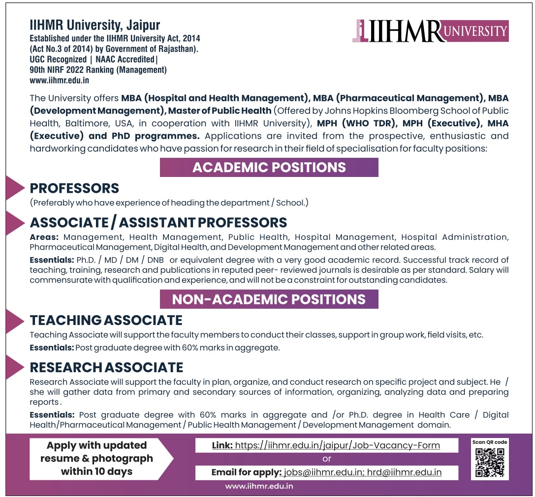 Teaching Faculty Recruitment 2023 Job vacancy notification announced by IIHMR University, Jaipur, Rajasthan - Professor/ Associate Professor/ Assistant Professor Jobs for the 2023-2024 academic year