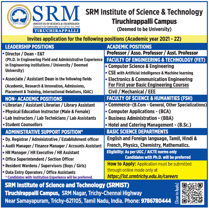 Faculty Recruitment 2021 at SRM Institute of Science and Technology