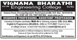 Vignana Bharathi Engineering College Wanted Assistants Professors ...