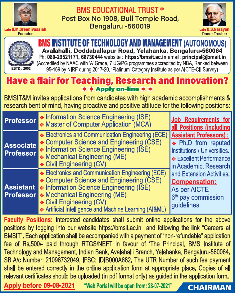 BMS Institute of Technology and Management, Bengaluru Wanted Professor