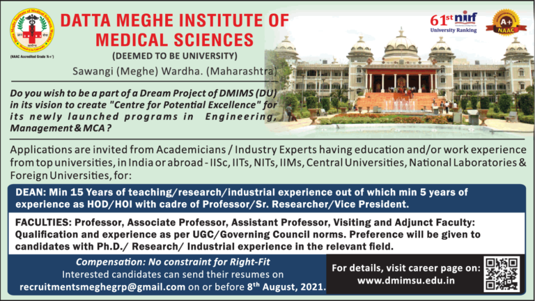 Datta Meghe Institute of Medical Sciences Wanted Dean and Others Datta Meghe Institute of Medical Sciences Wanted Dean and Others
