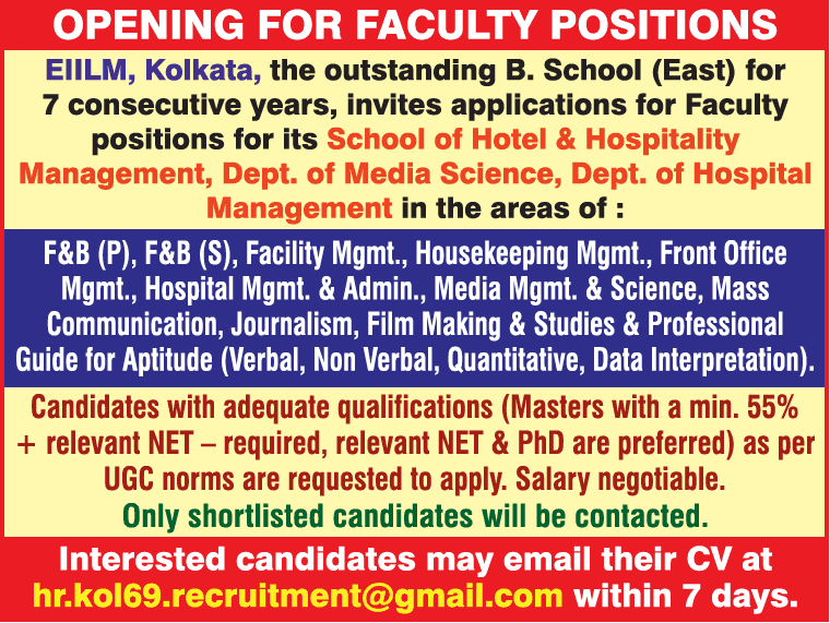 EIILM Kolkata wanted Teaching Faculty for Various Department FacultyPlus