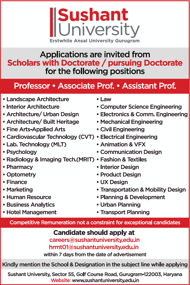 Sushant University, Gurugram, Haryana wanted Professor/ Associate  Professor/ Assistant Professor | FacultyPlus