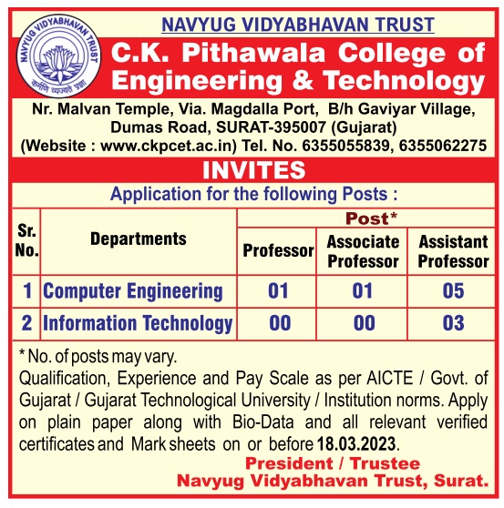 Ck Pithawalla College Of Engineering And Technology Surat Wanted
