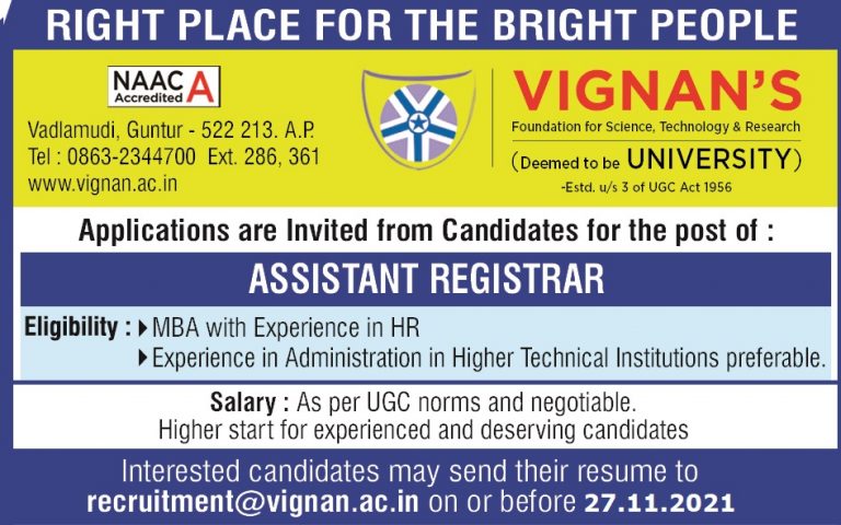 Vignan’s Foundation for Science, Technology and Research- Assistant ...