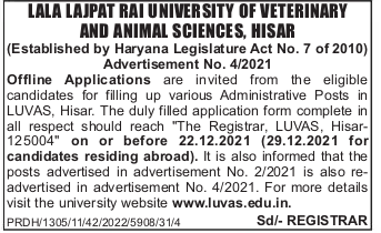 Lala Lajpat Rai University of Veterinary and Animal Sciences, Hisar, Wanted  Administrative Posts | FacultyPlus