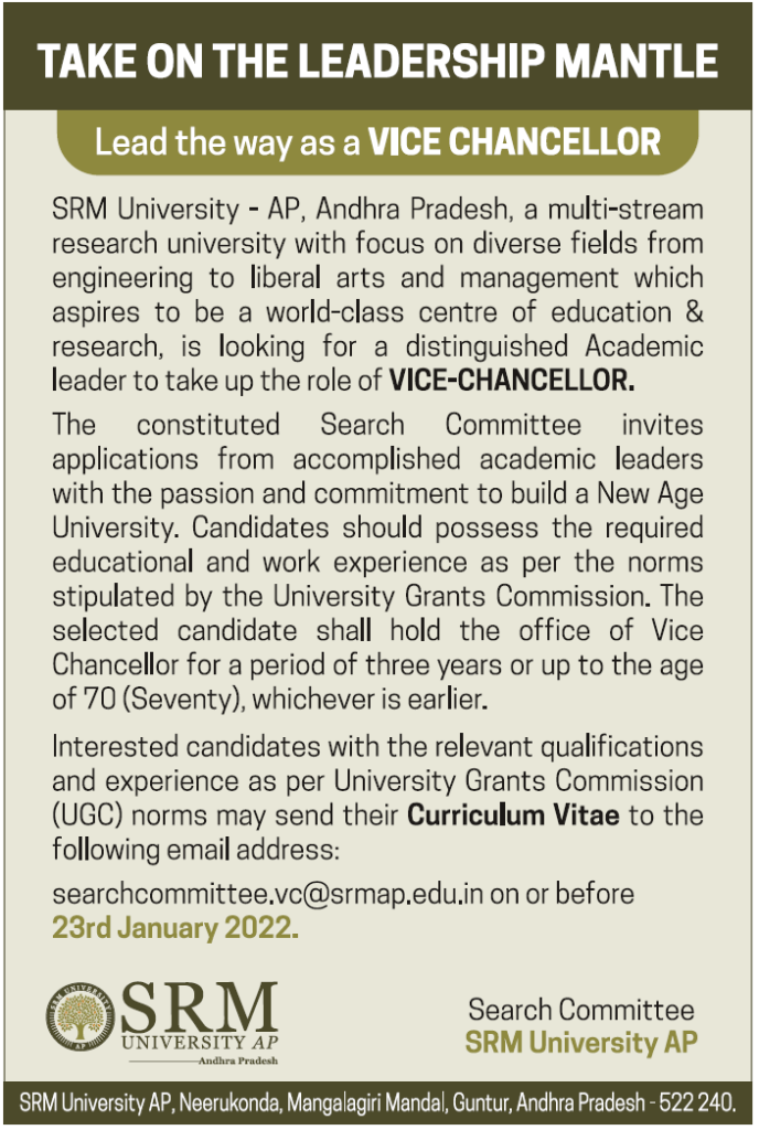 SRM University AP, Andhra Pradesh Wanted Vice-Chancellor | FacultyPlus