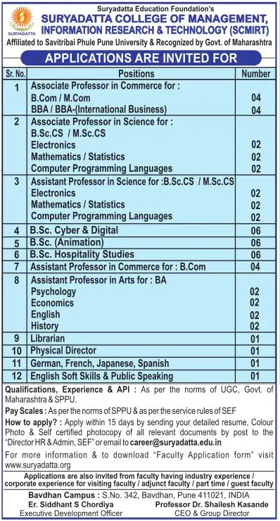 Suryadatta College Of Management Information Research & Technology (SCMIRT)  wanted Assistant Professor/ Associate Professor | FacultyPlus