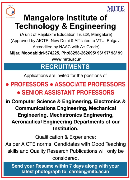 Mangalore Institute of Technology and Engineering, MITE Wanted ...