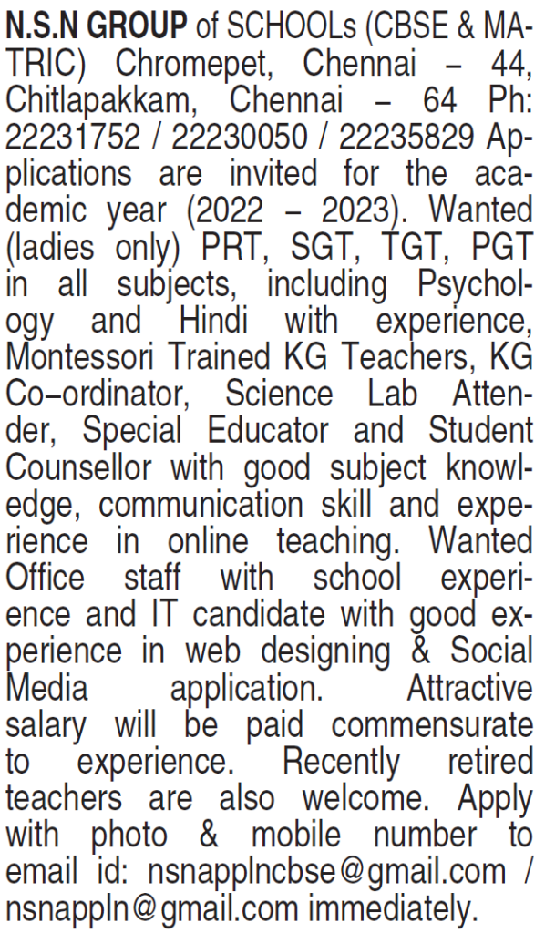 NSN Group of School, Chennai wanted TGT/ PGT/ TRT/ SGT | FacultyPlus