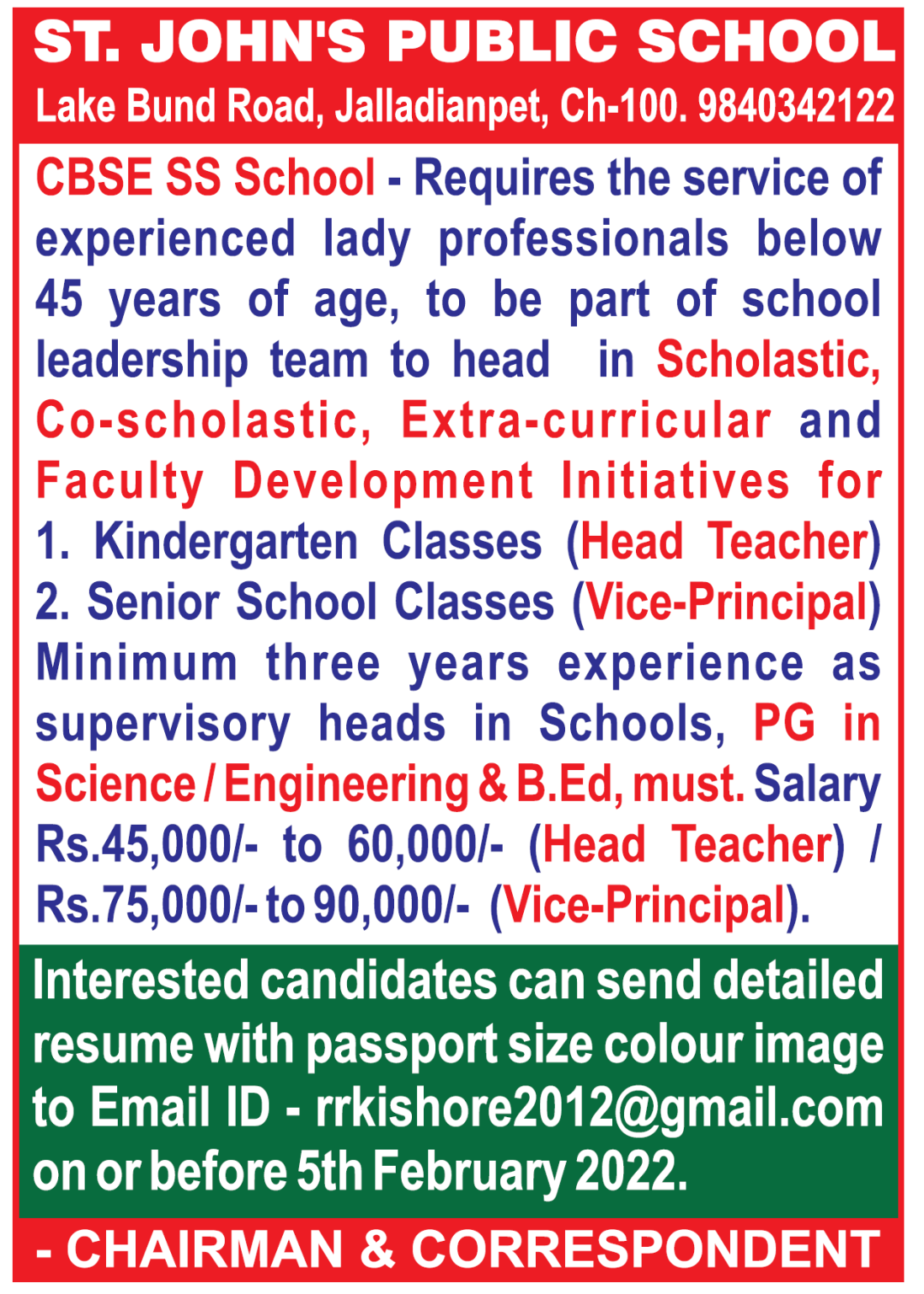 St.John’s Public School, Jalladianpet, Chennai Wanted Head Teacher