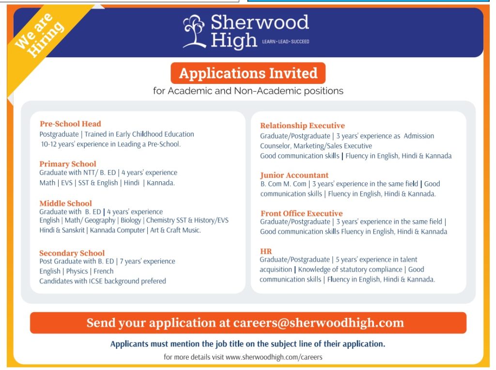 Sherwood High, Bangalore Wanted Teaching and NonTeaching Faculty