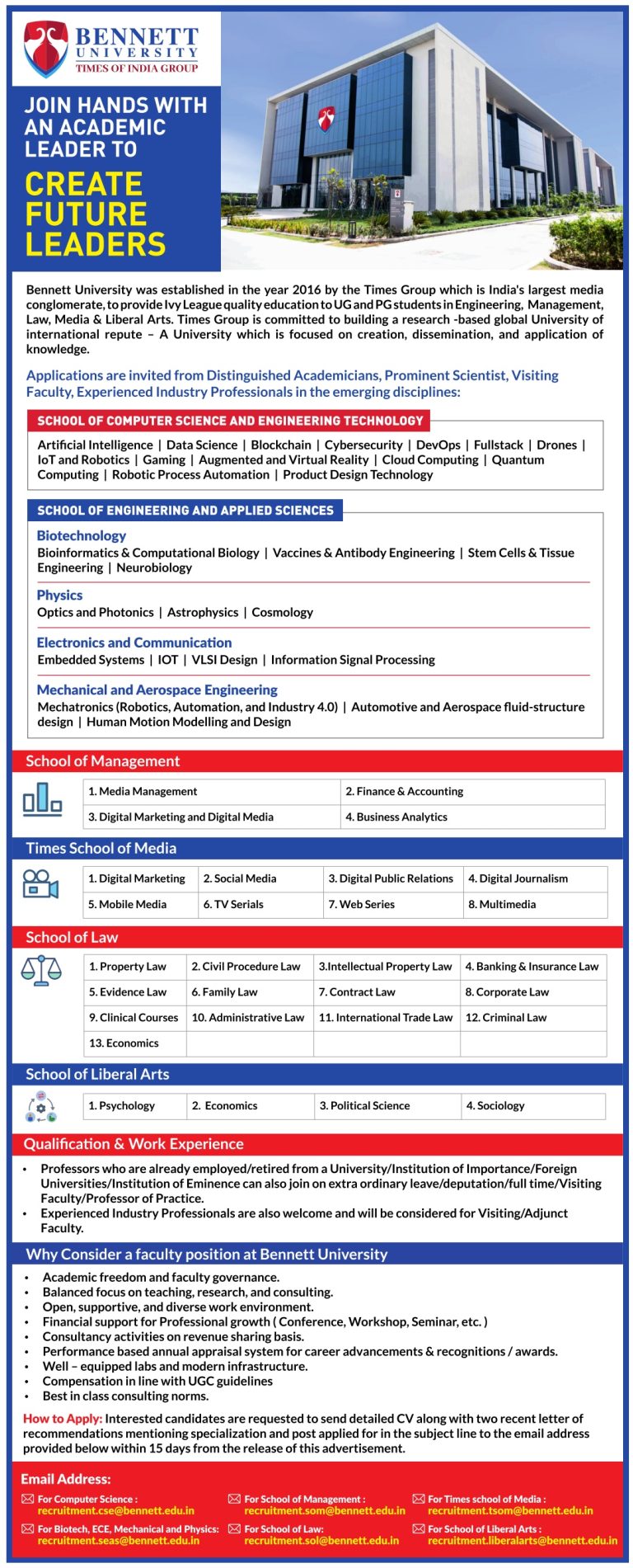 Faculty Recruitment 2022 at Bennett University, Greater Noida | FacultyPlus