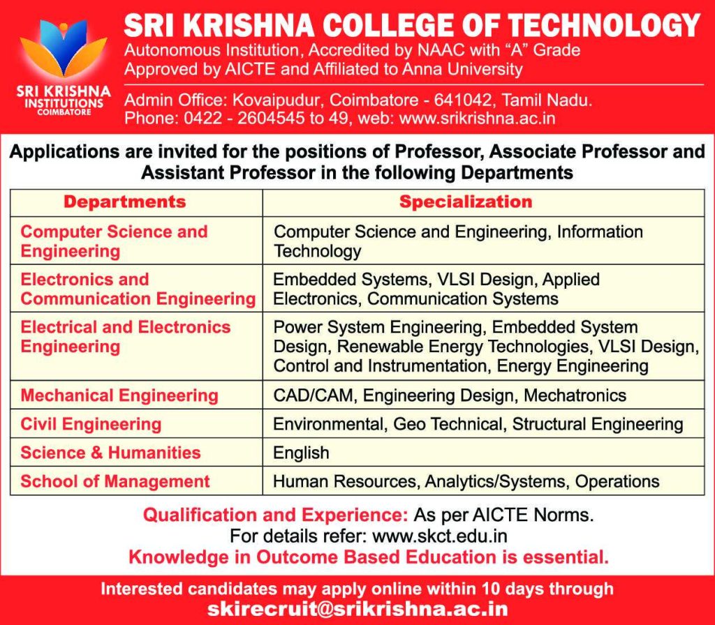 Sri Krishna College of Technology, Coimbatore Wanted Professor ...