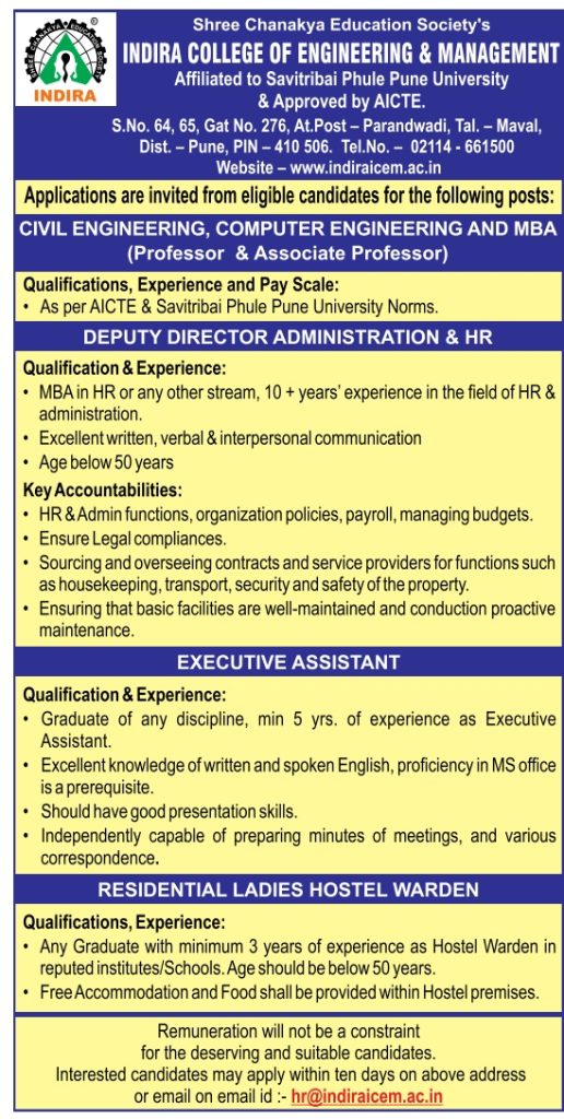 Indira College of Engineering and Management, Pune, Wanted Professor ...