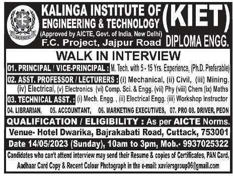 Faculty Recruitment job notification announced by Kalinga Institute of Engineering & Technology, Jajpur, Odisha