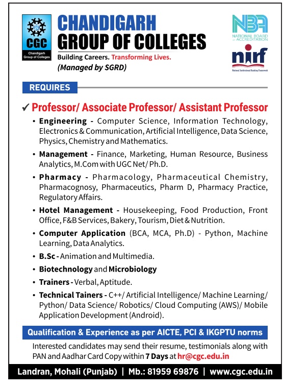 Chandigarh Group of Colleges, Mohali Wanted Professor/Associate Professor/Assistant Professor | FacultyPlus Chandigarh Group of Colleges, Mohali Wanted Professor/Associate Professor/Assistant Professor | FacultyPlus