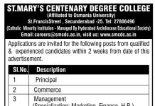 Faculty Recruitment 2023 notification announced by St.Mary's Centenary Degree College, Secunderabad, Telangana - Principal jobs and Faculty Jobs.