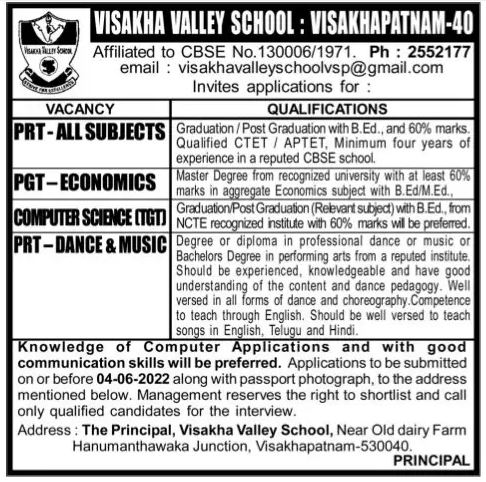 Visakha Valley School, Visakhapatnam Wanted PRT/PGT/TGT Teachers ...