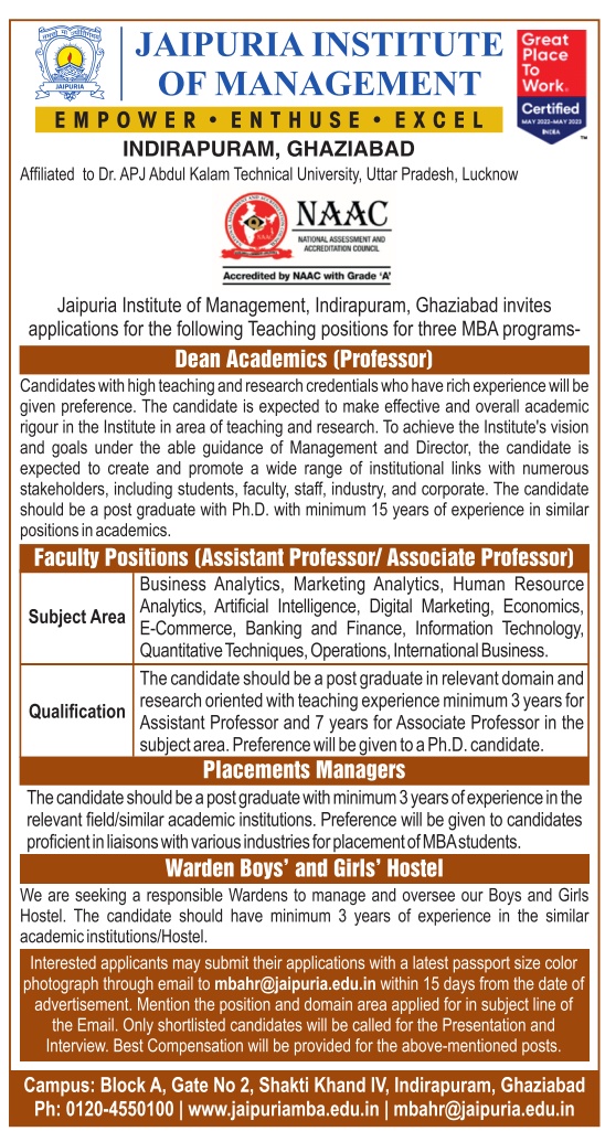 Jaipuria Institute of Management, Ghaziabad, Uttar Pradesh Advertised for Faculty Recruitment 2023 - Post of Dean Jobs, Assistant Professor, Non-Teaching Jobs for Various departments.