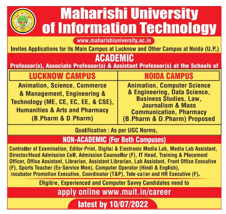 Maharishi University of Information Technology, Lucknow and Noida Wanted  Teaching and Non-Teaching Faculty | FacultyPlus