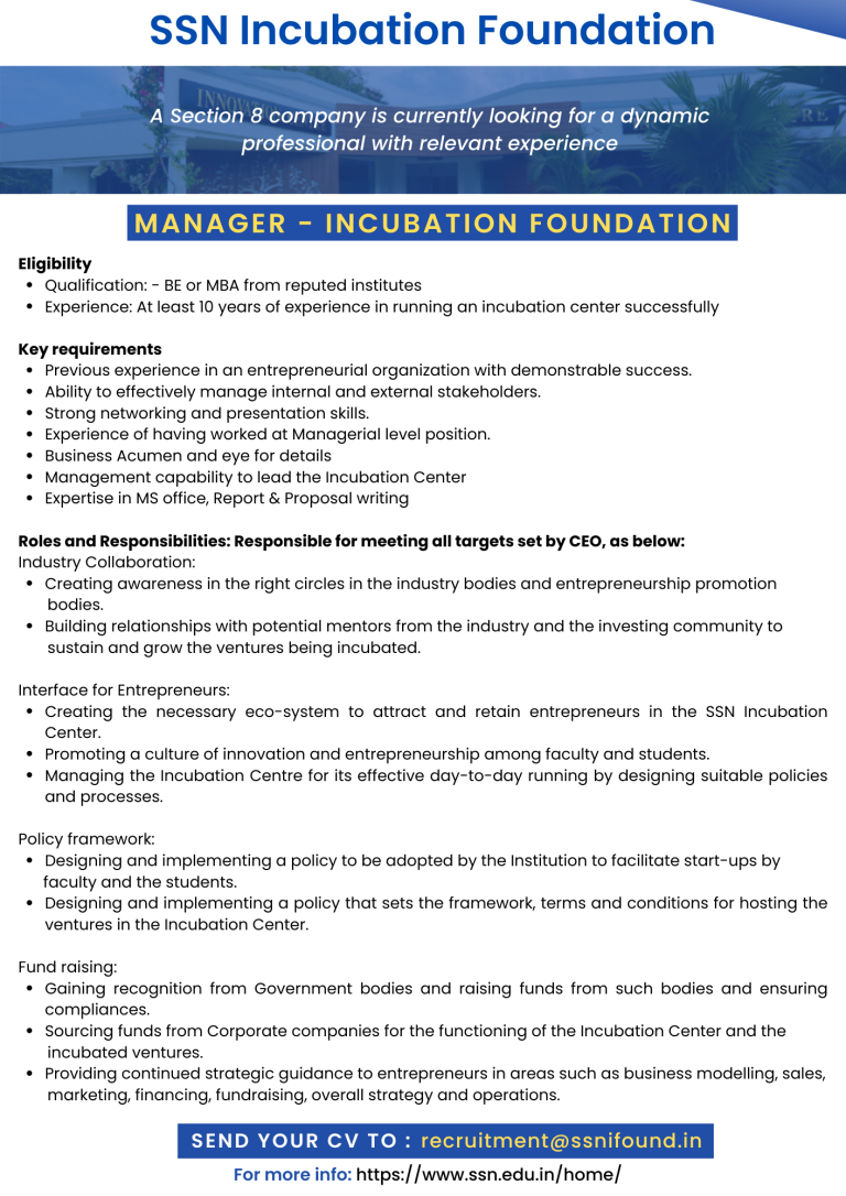 SSN Incubation Foundation, Chennai Wanted Manager FacultyPlus