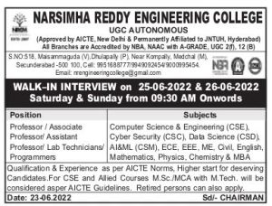 Narsimha Reddy Engineering College, Secunderabad Wanted Professor ...