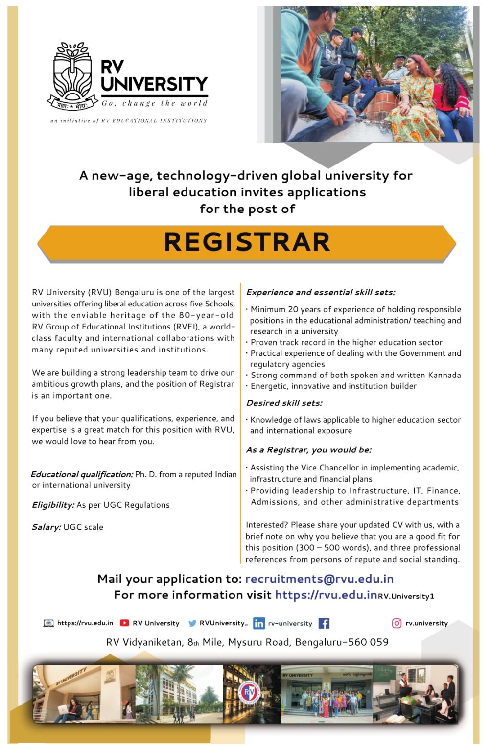 RV University, Bengaluru, Wanted Registrar FacultyPlus