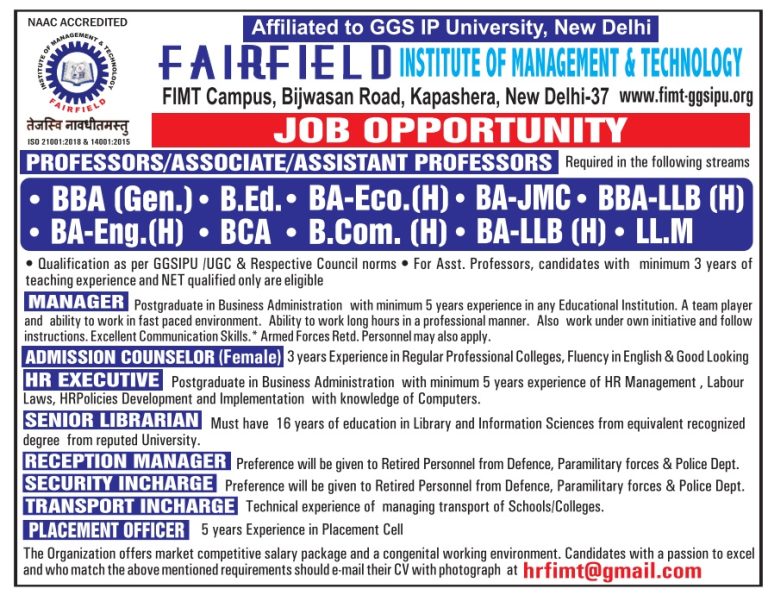 Fairfield Institute of Management & Technology, New Delhi Wanted ...