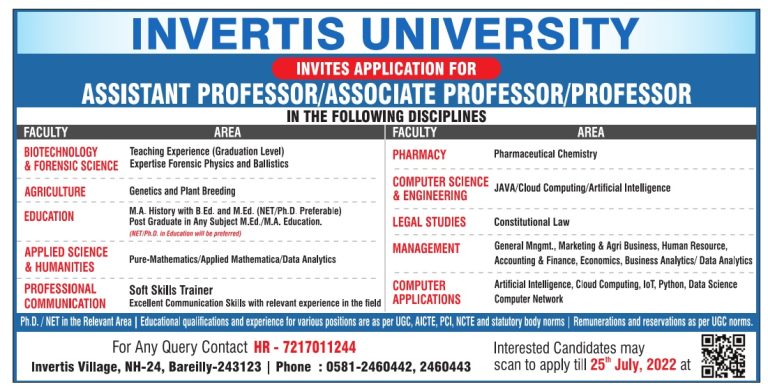 Invertis University, Bareilly Wanted Professor/ Associate Professor ...