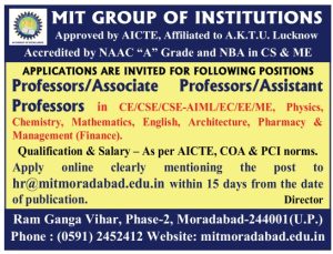 MIT Group of Institutions, Moradabad Wanted Professor/ Associate ...