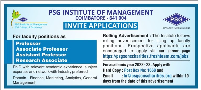 PSG Institute of Management, Coimbatore Wanted Professor/ Associate