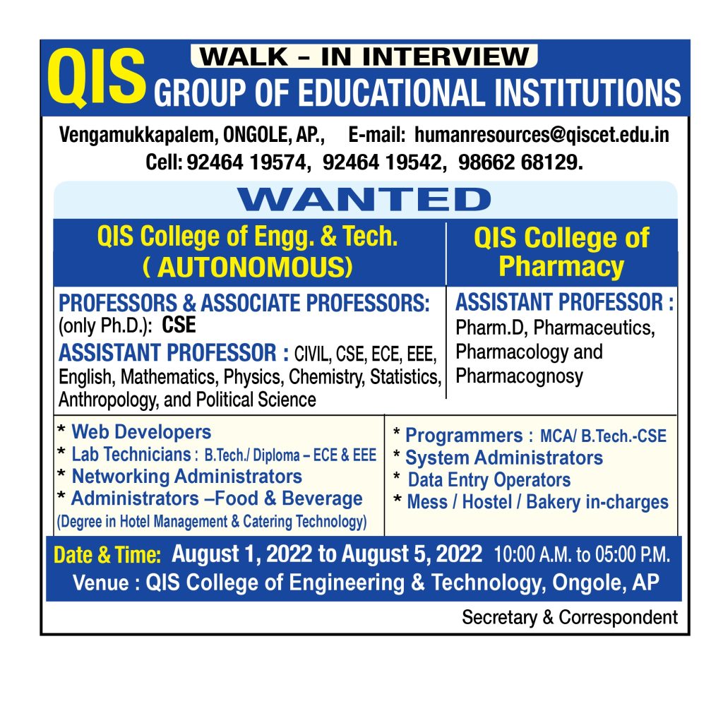 QIS Group of Educational Institutions, Ongole Wanted Teaching and Non ...