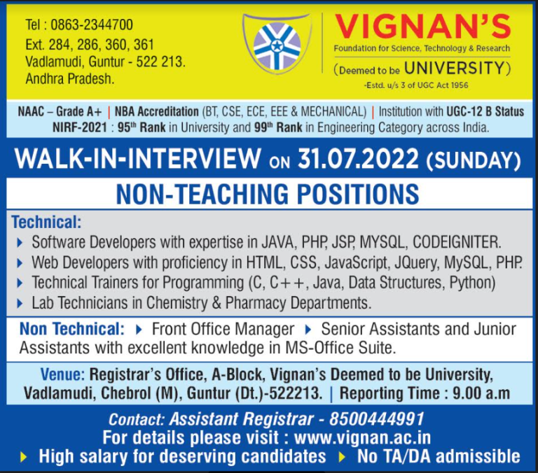 Non-Teaching Jobs at Vignan’s Deemed to be University, Guntur | FacultyPlus