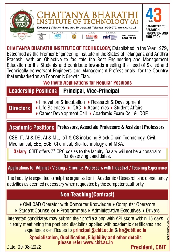 Chaitanya Bharathi Institute of Technology, Hyderabad Wanted Teaching ...