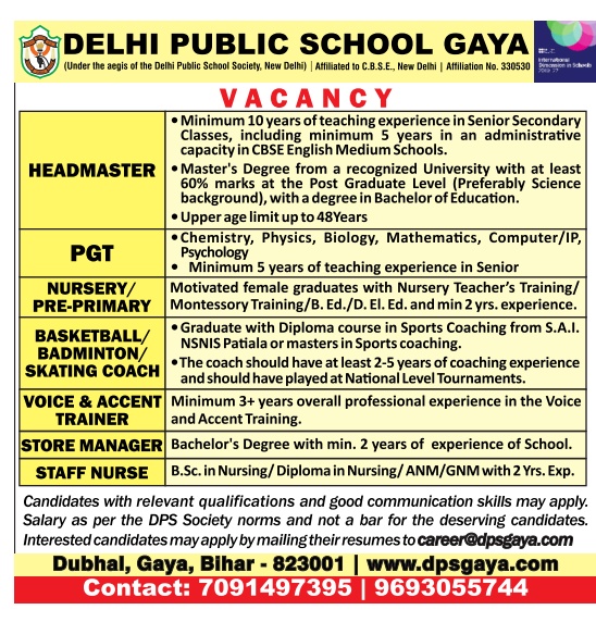 Delhi Public School Gaya Wanted HM/PGT/Non-Teaching Staffs | FacultyPlus